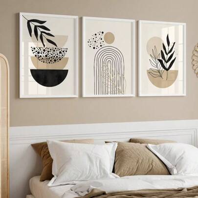 3pcs Set Black Beige Bohemian Abstract Painting Botanical Geometry Boho Art Poster Canvas Print Modern Creative Wall Picture For Living Room,Bedroom,Office Room,Home Decoration