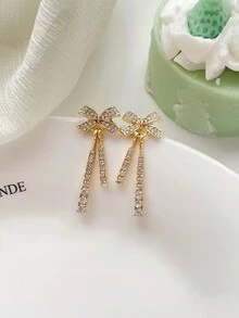 1 Par De Elegante Aretes Con Diseño De Lazo Y Decoración De Piedras Brillantes - Elegante lazo de diamantes - Ver 4
