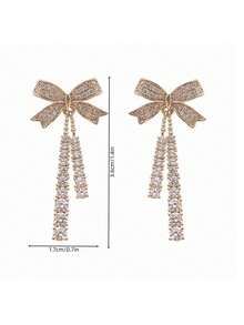 1 Par De Elegante Aretes Con Diseño De Lazo Y Decoración De Piedras Brillantes - Elegante lazo de diamantes - Ver 3