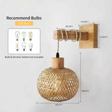 1pc Vintage Japanese Style Bamboo Woven Bedside Wall Lamp, Rattan & Wooden Dining Room Light, Country Style Indoor Background Wall E26 Base Lamp (Bulbs Not Included) - Khaki - View 2