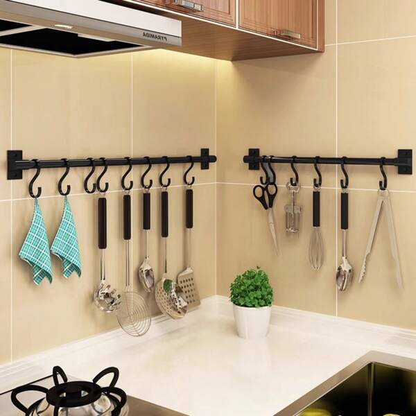 No Drill Adhesive Black Aluminum Alloy Multi-Purpose Hook Rack, 2-Bar Design, For Kitchen Utensils, Bathroom Towels & Sponges. Available In 30cm(4 Hooks), 40cm(6 Hooks) And 50cm(8 Hooks), 3 Styles