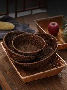 3 件/2 件/1 件手工编织藤条托盘、藤条水果篮零食盘储物托盘、小吃甜点盘、编织托盘、薯条盘、炸鸡盘、水果篮、编织浅盘、户外野餐盘、烧烤盘、可重复使用的便携式餐具，用于早餐、饮料、餐桌、农舍家居装饰组织 - 巧克力棕 - 查看 6