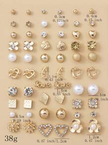 30 cặp/bộ Thời trang Khối Zirconia  , Ngọc trai Giả , Hình vẽ trái tâm , Kim loại , Hoa , Thiết kế hình học Bông tai stud Đối với phụ nữ , Mặc hàng ngày Và Quà tặng lễ hội , Phụ kiện trang sức - Vàng - Xem 7
