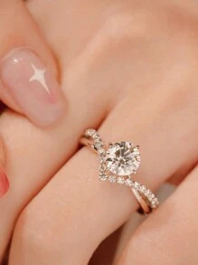 1pc Stainless Steel "Crowned For Love" Crown-Shaped CZ-Inlaid Adjustable Open Ring, Fashionable & Minimalist Couple's Ring, Unisex Everyday Wear - Silver - View 2