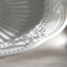 1 cặp bông tai đinh tán hình trái tim bằng bạc Sterling S925 tươi mới và tinh tế hình trái tim đính đá giả để trang trí - Bạc - Xem 5