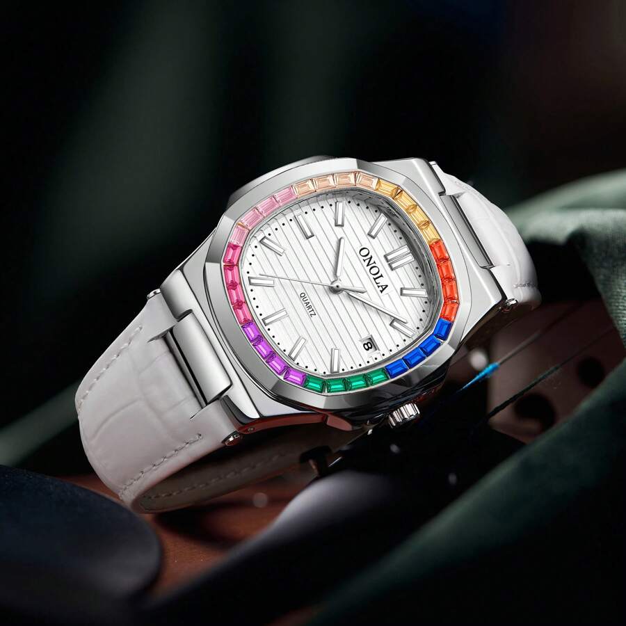 ONOLA Mới Sang trọng Đồng hồ Làm Việc  Da thật Đồng hồ Không thấm nước Nam Đồng hồ Sáng Ngày Thạch anh Nam Đồng hồ - trắng - Xem 1