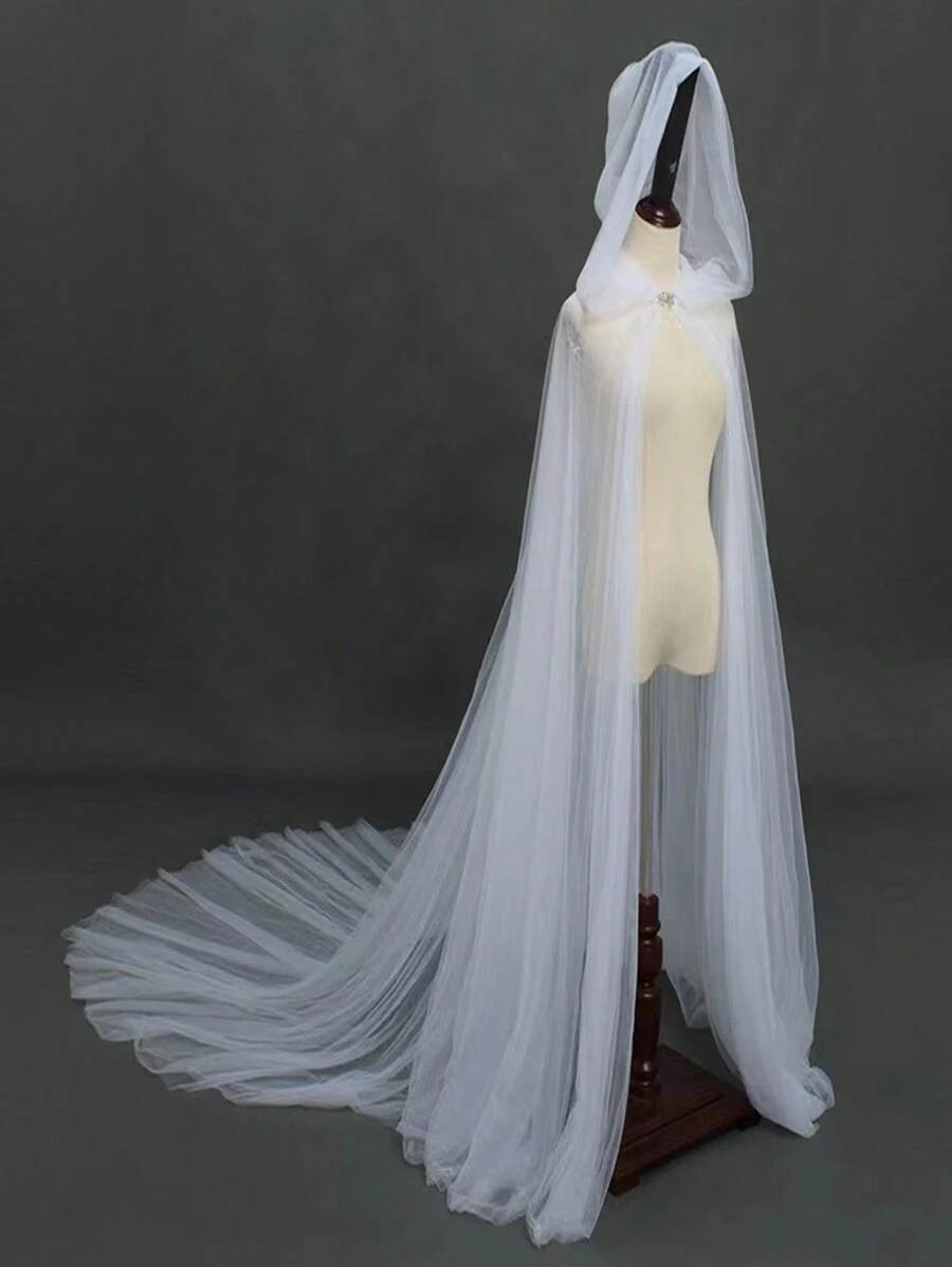 European & American Style Bridal Long Train Hooded Multi-Layer Cape/Shawl - White - View 1