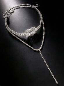 1pc Silver-tone Multi-layer Necklace With Rhinestone Decor, Simple And Fashionable Women's Accessory - Silver - View 3