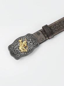 1pc Men's Casual Western Style Embossed & Colorful Flower Patterned Buckle Strap Belt, Lucky Wealth Sign - Champagne - View 3