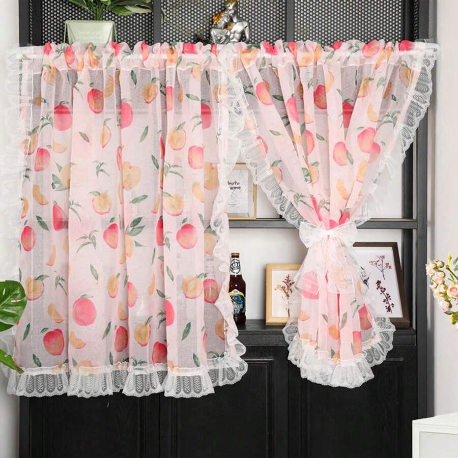 1 Miếng Hàn Quốc Phong cách Rèm ngắn Với Xù Hoa Sen Thiết kế , Lý tưởng Đối với Và Cửa In Phòng khách , Phòng bếp Hoặc Phòng tắm , Cà phê Màu sắc - Hồng - Xem 1