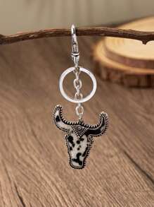 1 pieza Llavero de estilo occidental con cabeza de vaca de patrón de piel de PU, accesorio de coche, dije para mochila, regalo de Navidad gótico y Y2K lindo - Blanco y Negro - Ver 2