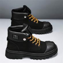 男士時尚厚底黑色摩托車靴,2023秋/冬系列,英倫風格復古工作踝靴,圓頭系帶 - 黑色 - 查看 2