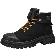 男士時尚厚底黑色摩托車靴,2023秋/冬系列,英倫風格復古工作踝靴,圓頭系帶 - 黑色 - 查看 5