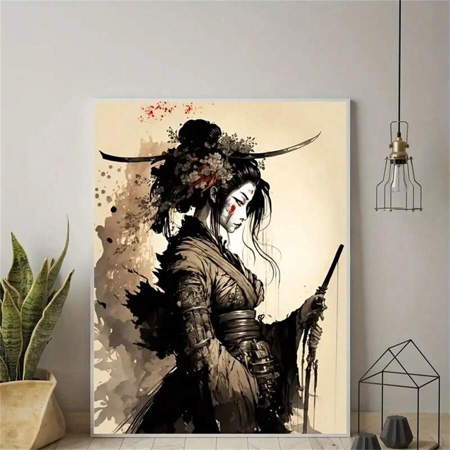 1件,武士艺伎日本风格海报艺术设计帆布油画,现代卧室装饰无框架 - 彩色 - 查看 1