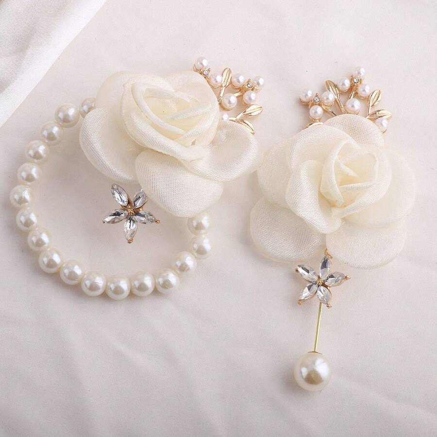 1對時尚優雅高端婚禮新娘派對手腕花&胸花套裝,裝飾有珍珠和鑽石,適用於婚禮、周年紀念、攝影工作室等場合