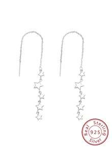 FOREVER QUEEN S925純銀時尚星形長流蘇耳坠,星星耳線珠寶禮物,適用於女性女孩