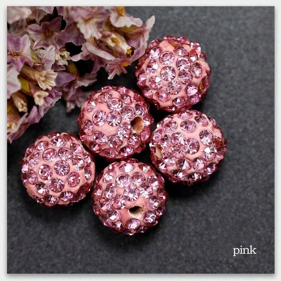 30入組10mm粉色鑽石柔軟陶瓷球珠,合成高分子粘土鑲鑽珠用於手鍊、項鍊、耳環、製作珠寶