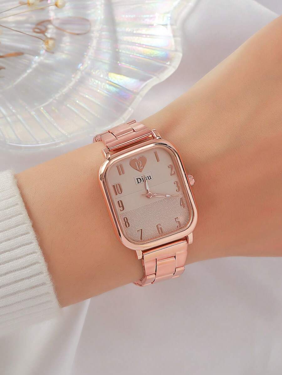 Disu女士經典且時尚的石英手錶,配有玫瑰金不鏽鋼錶帶和心形錶盤,適合日常佩戴
