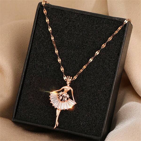 1pc 18k Gold Plated Fashionable Elegant Ballet Girl Pendant Necklace Micro Inlaid With Cubic Zirconia, Titanium Steel Chain Suitable For Women's Daily Wear