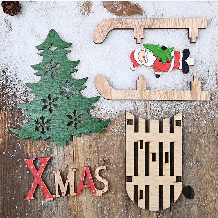 Decoración Navideña Artesanía De Juguete Trineo De Madera De Bricolaje Pintado A Mano Creativo Con Dibujos Animados, 1 Conjunto - A - Añade 8