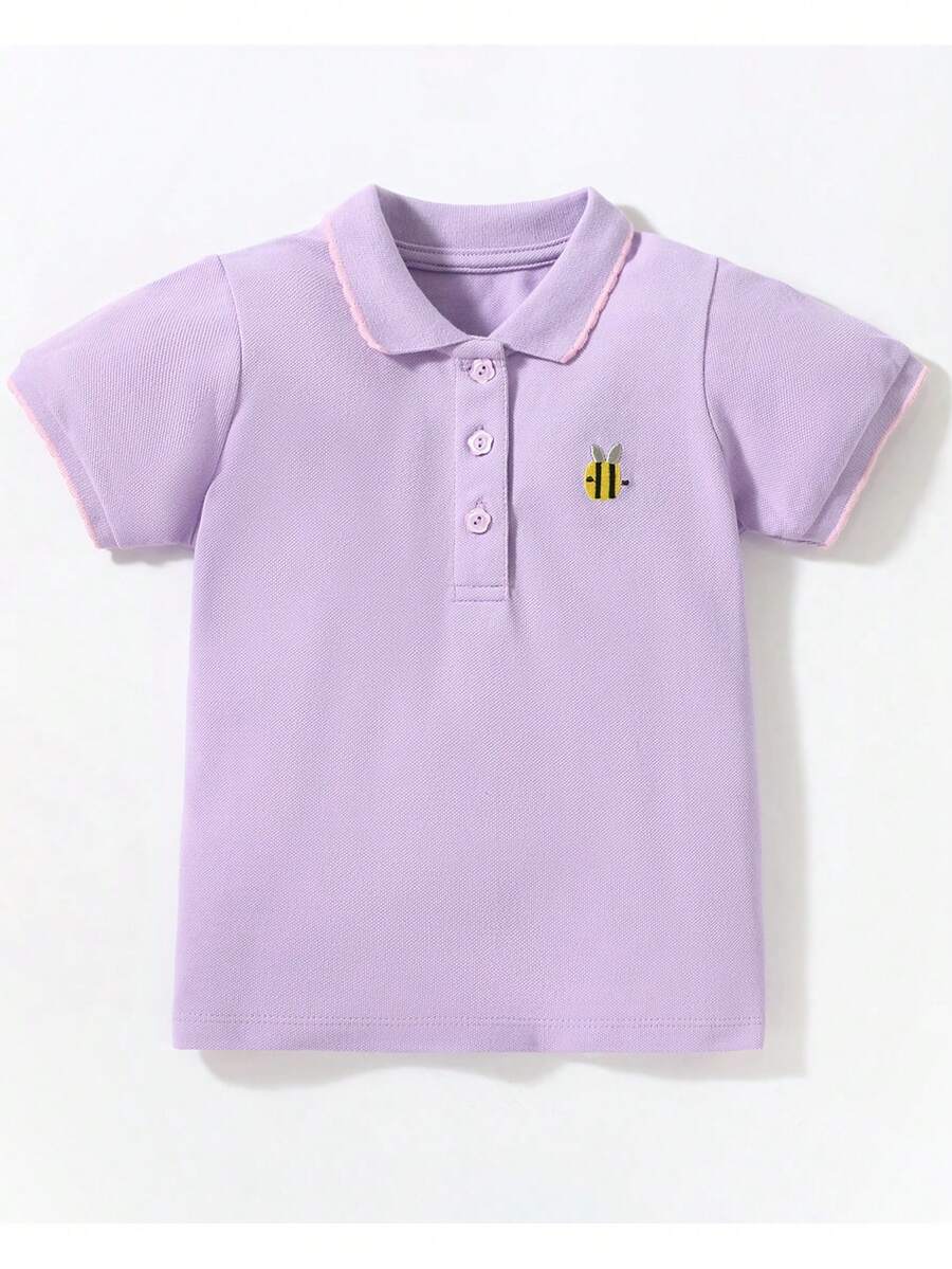 女孩舒適透氣蜜蜂刺繡 Polo T 卹，適合度假、日常穿著和校服 - 紫色 - 查看 1