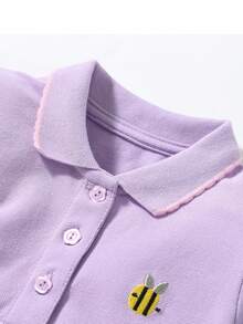 女孩舒適透氣蜜蜂刺繡 Polo T 卹，適合度假、日常穿著和校服 - 紫色 - 查看 3