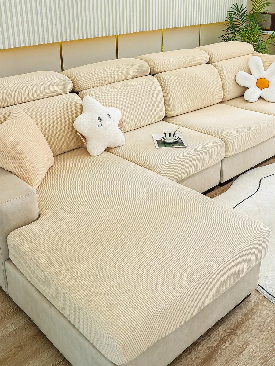 1入現代極簡風格彈性沙發套,附坐墊套,米白色,適用於l型和1/2/3/4座沙發,提供保暖、防塵、耐用、機洗和適用於全季節 - 米色 - 查看 1