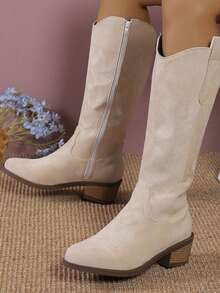 Fashionable Embroidered V-Cut Knee-High Boots Cowboy Boots - Beige - View 4