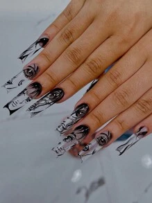 24入組超長方形按壓指甲片帶黑色Anime字元風格適合女士和女孩 - 黑色 - 查看 1