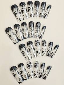 24入組超長方形按壓指甲片帶黑色Anime字元風格適合女士和女孩 - 黑色 - 查看 2