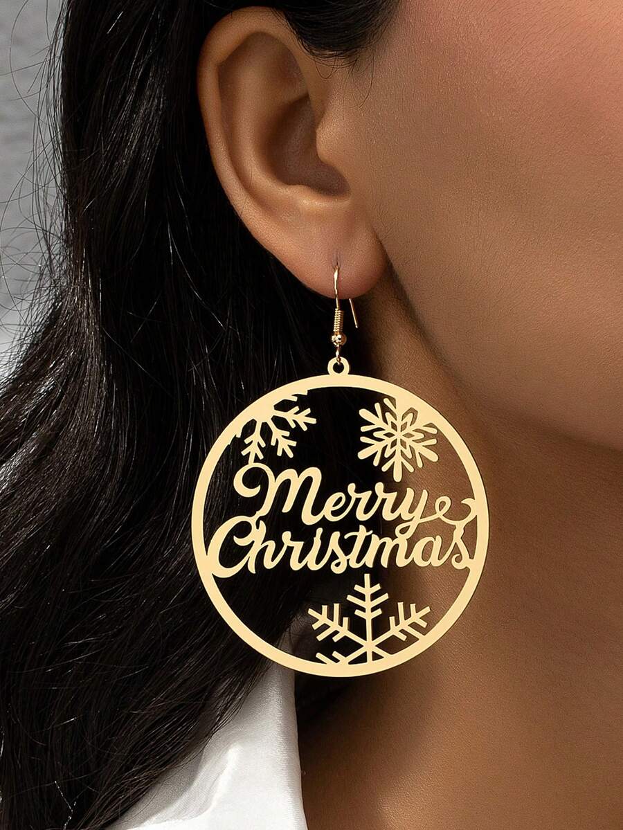 1 Pair Golden Color Metal Snowflake Merry Christmas Earring - Holiday Gift for Women - Gold - View 1