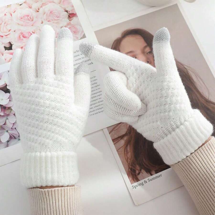 1對女士冬天加厚人造羊毛針織觸屏手套,經典菠蘿提花紋,情侶時尚