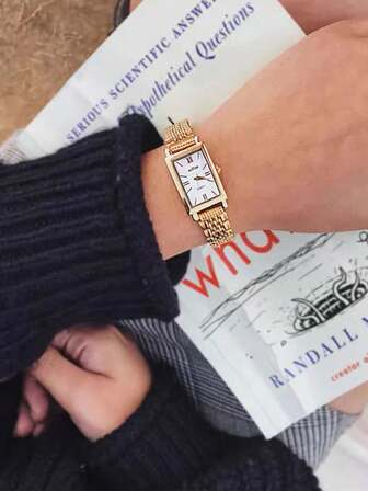 New Square Shaped Gold Color Watch For Women, Minimalist & Fashionable, Casual & Versatile, Lightweight Stainless Steel Band Quartz Watch, Adjustable Strap Length