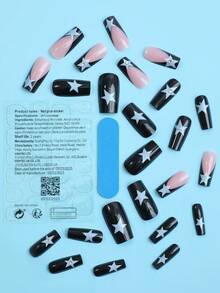 24片中等方形黑色法式白星壓著指甲,銀色鑽石美甲配件,性感假甲,適用於女性和女孩