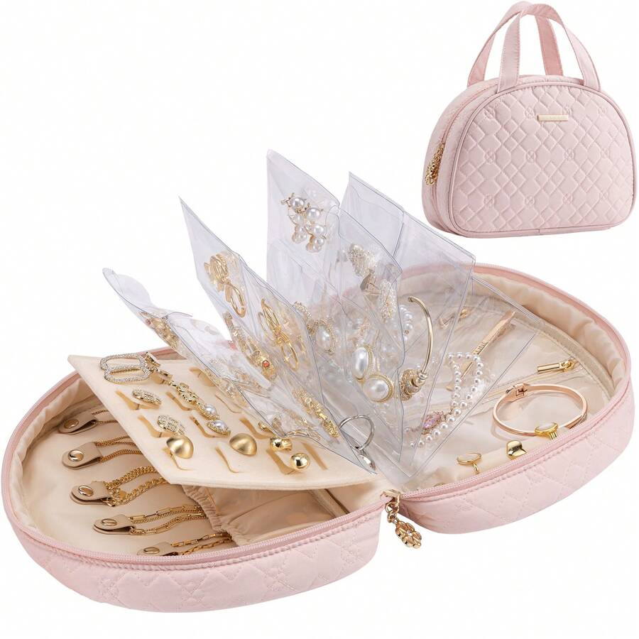 Vlando Jewelry Travel Organizer Case, Jewelry Storage Book Ring Binder with Jewelry Bags Clear Booklet Zipper Pouch Bag for Necklaces, Earrings, Rings, Bracelets - 粉色 - 查看 1