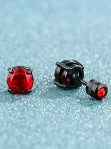 1pair Fashionable Titanium Steel Stud Earrings With Red Zirconia, Suitable For Men, Women, Festivals, And Daily Wear