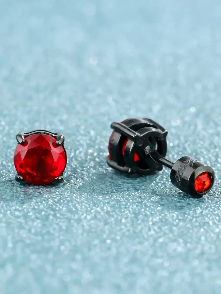 1pair Fashionable Titanium Steel Stud Earrings With Red Zirconia, Suitable For Men, Women, Festivals, And Daily Wear
