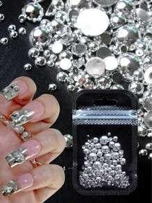 1 袋 15 克银色仿珍珠形状美甲装饰平底指甲饰物美甲贴片水钻混合尺寸 3D 珠子美甲配件 DIY 美甲宝石美甲用品