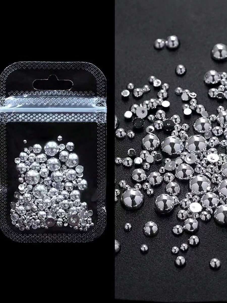 1 袋 15 克银色仿珍珠形状美甲装饰平底指甲饰物美甲贴片水钻混合尺寸 3D 珠子美甲配件 DIY 美甲宝石美甲用品