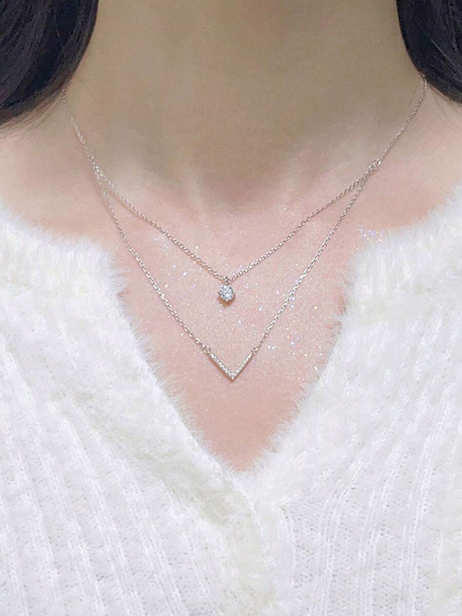 1入組極簡雙層v字形鑽石吊墜鎖骨頸鍊,適合女性 - 銀色 - 查看 1