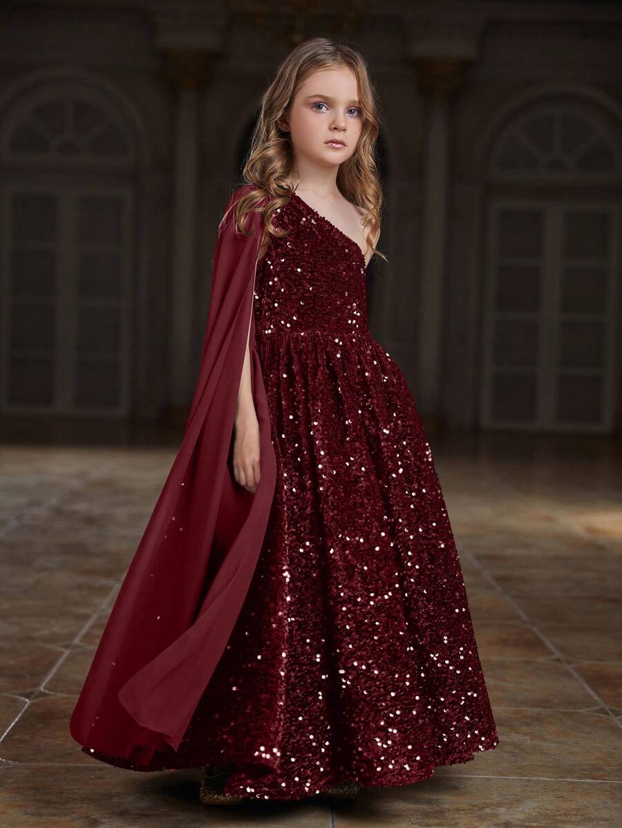 Vestido de brillo con una manga para niña adolescente con cinta de chifón - Burdeos - Ver 1
