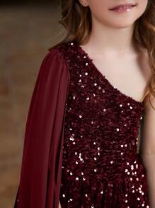 Vestido de brillo con una manga para niña adolescente con cinta de chifón - Burdeos - Ver 6