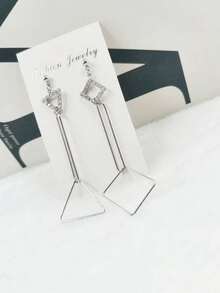 1pair Punk Style Creative Women's Long Geometric Hollow Out Triangle & Square Dangle Earrings With Rhinestones For Girls - Silver - View 6