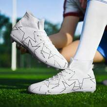 1pair Unisex Breathable Soccer Shoes With Long Spikes And High Tops For Football Games And Training - White - View 4
