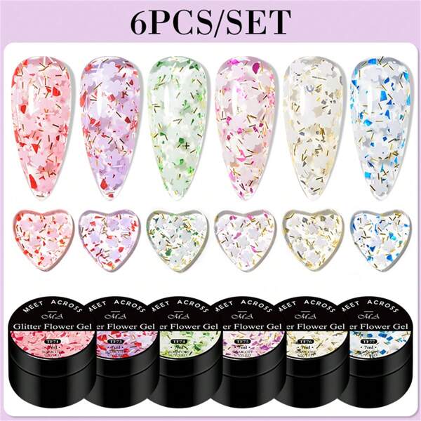 6Pcs/Set Glitter Dried Flower Gel Nail Polish Semi-Permanent Varnish Floral Hybrid Soak Off Uv Gel Diy Painting Nail Art Gel Gift For Women