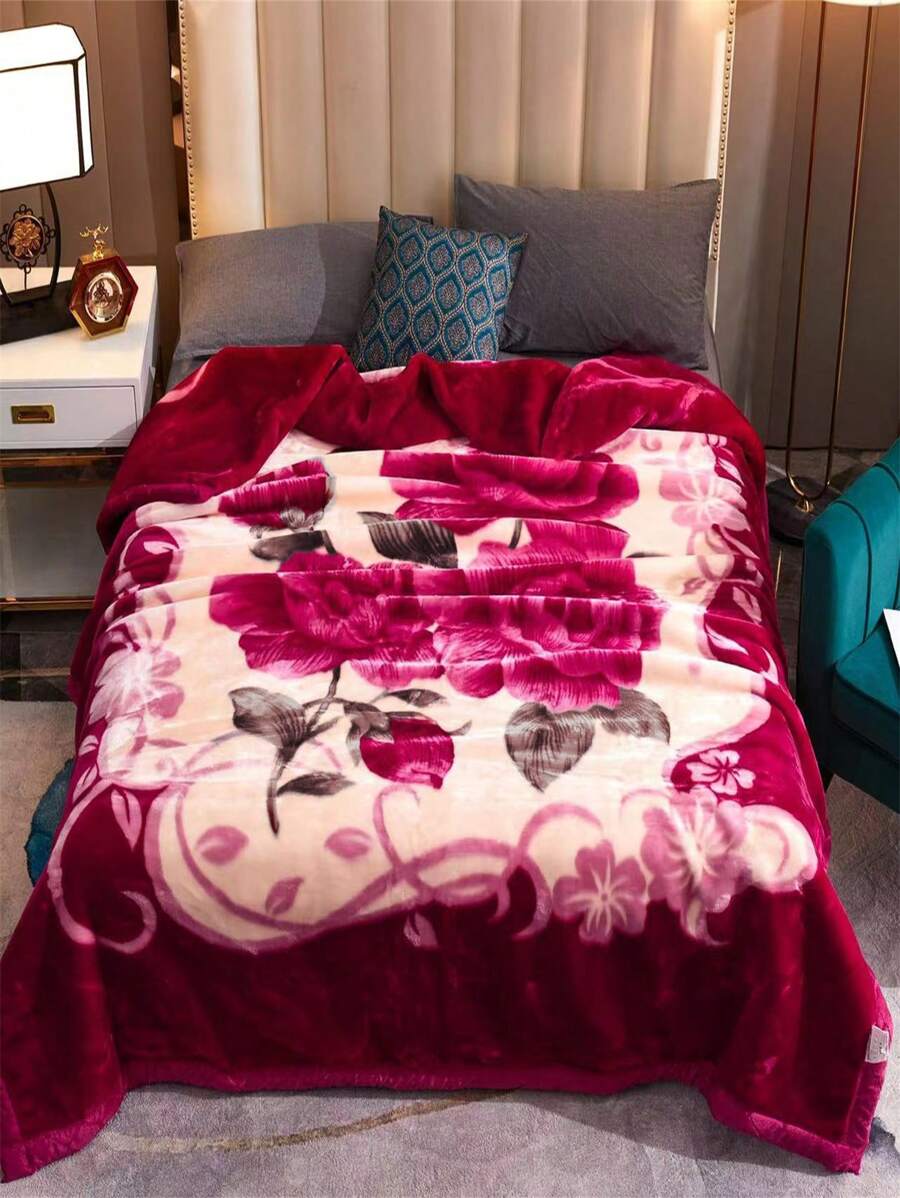 1pc Christmas Flora & Botanical Pattern Raschel Blanket, Nordic Style Polyester Fiber Blanket, Suitable For Bed, Sofa, Home, Bedroom, Hotel, Autumn/Winter, Thick And Warm - Multicolor - View 1