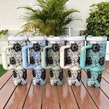 1入組太陽花水杯,水溫杯,真空杯,不鏽鋼水杯,帶吸管的大型水杯,創意便攜式旅行水瓶,適用於戶外野營,40oz/1200ml