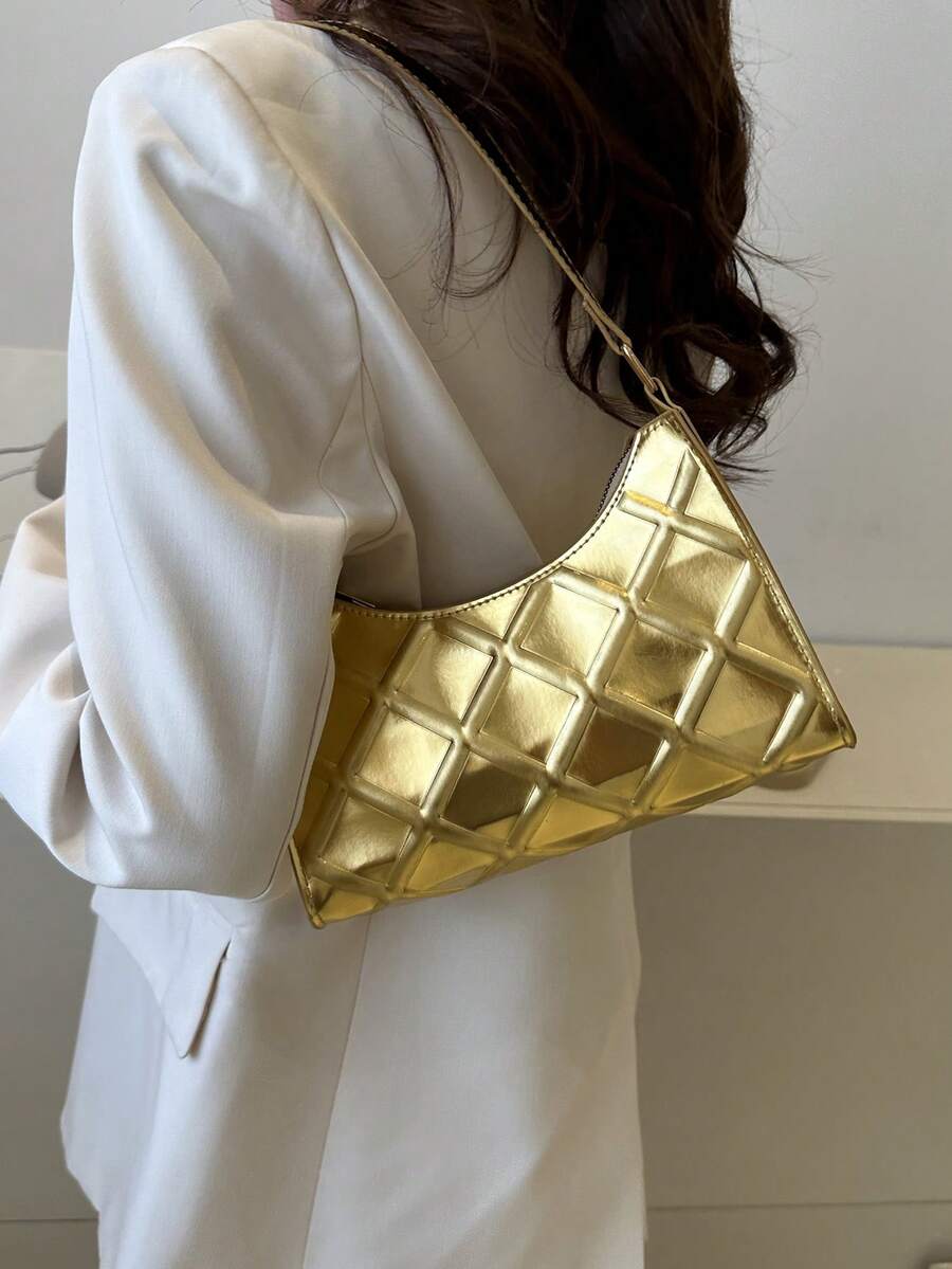 Solid Color Minimalist Women's Shoulder Bag - Gold - View 1