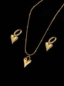 不锈钢防水不褪色复古金色心形吊坠项链和耳环套装，适合女性日常佩戴情人节、妈妈、母亲、母亲节、礼物 - 金色 - 查看 2