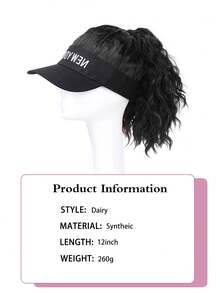 黑色一體式帽子,配馬尾辮髮型,女式棒球帽兼髮片,合成卷曲假髮帽,12英寸可調節遮陽帽